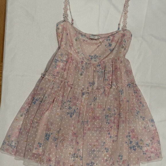 Lucy in the Sky Floral Polka Dot Tiered Mini Dress – Pink – Size M - Picture 3 of 6